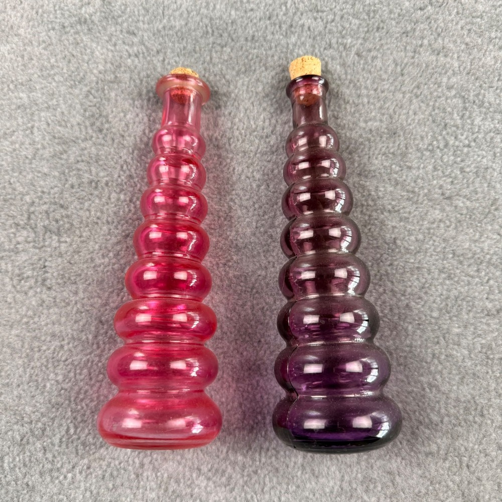 Vintage Ribbed Beehive Glass Bottles Set of 2 Pink Purple Decorative Bud Vases